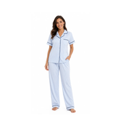 Blue Solid Stripes Short Sleeve Pijamas