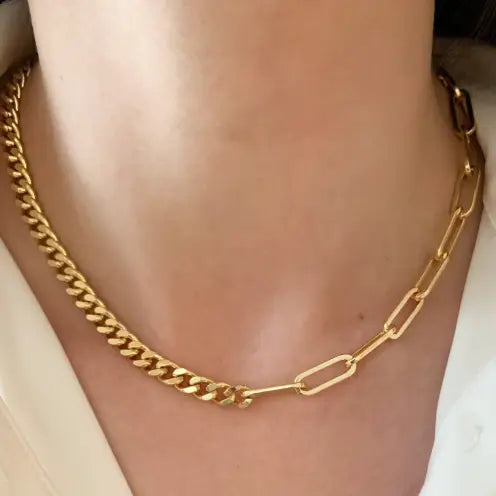 Collar chapa de oro mitad cadena clip circulo y cubana